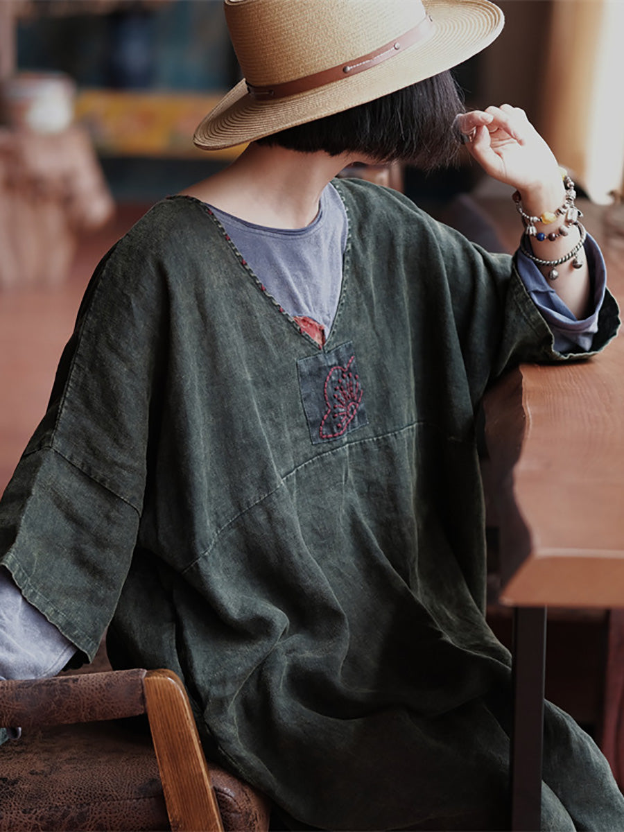 Women Ethnic Embroidery V-Neck Linen Loose Dress