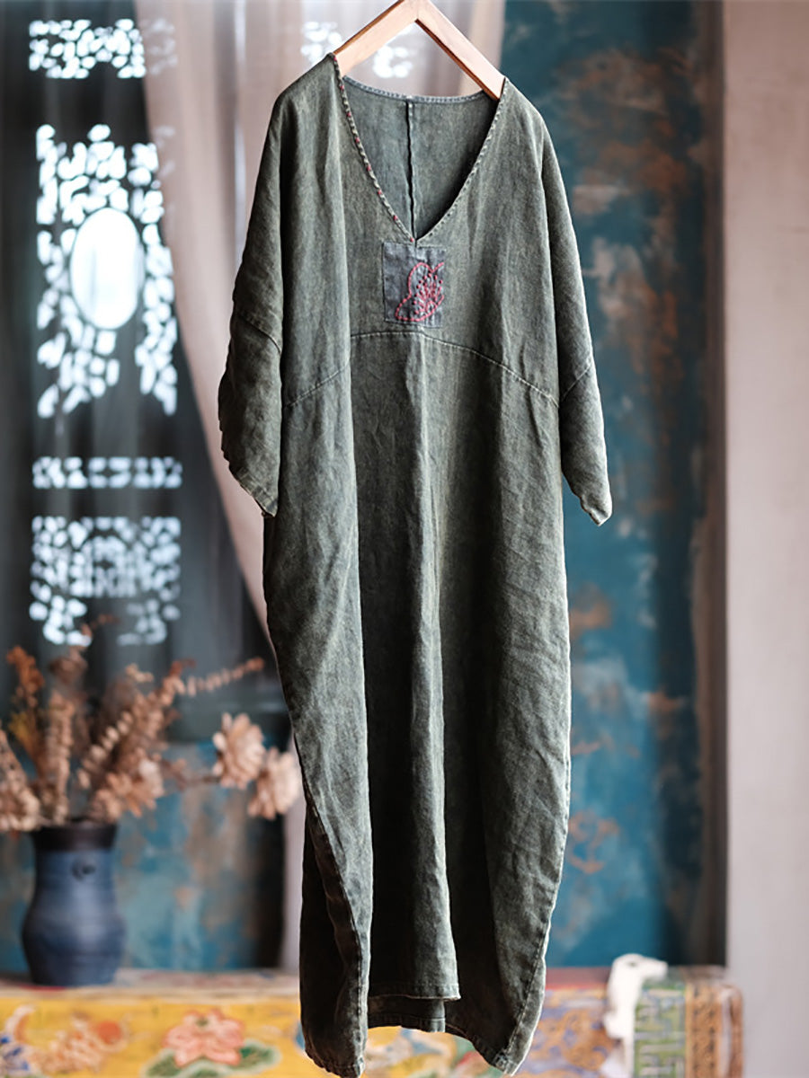 Women Ethnic Embroidery V-Neck Linen Loose Dress