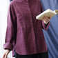 Women Autumn Solid Stand Collar Button-up Corduroy Shirt