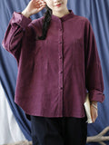 Women Autumn Solid Stand Collar Button-up Corduroy Shirt