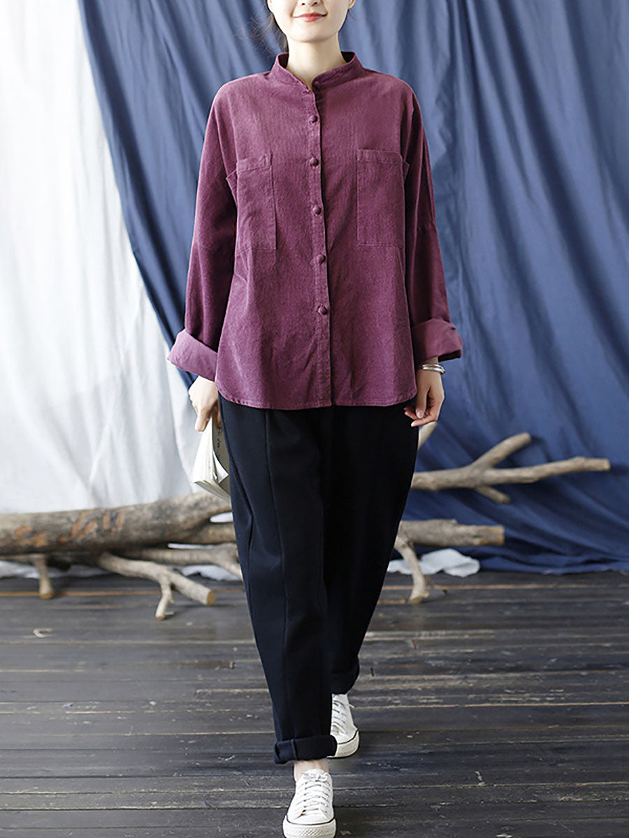 Women Autumn Solid Stand Collar Button-up Corduroy Shirt