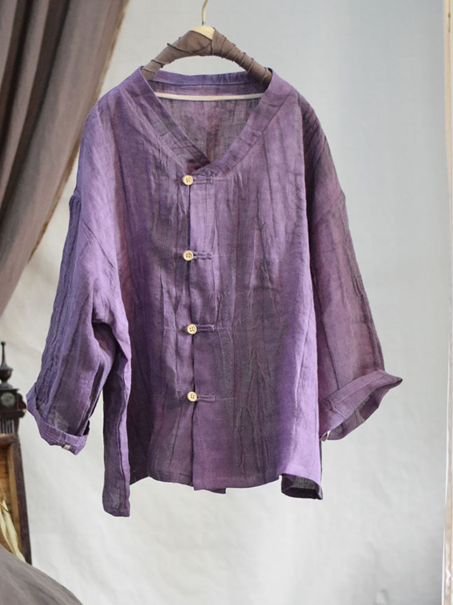 Women Summer Tie-dye Button Thin Linen Shirt