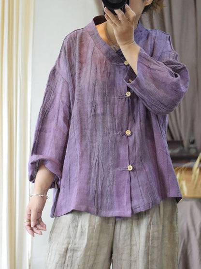 Women Summer Tie-dye Button Thin Linen Shirt