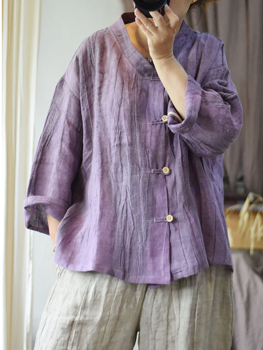 Women Summer Tie-dye Button Thin Linen Shirt