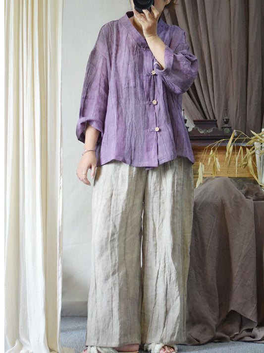 Women Summer Tie-dye Button Thin Linen Shirt