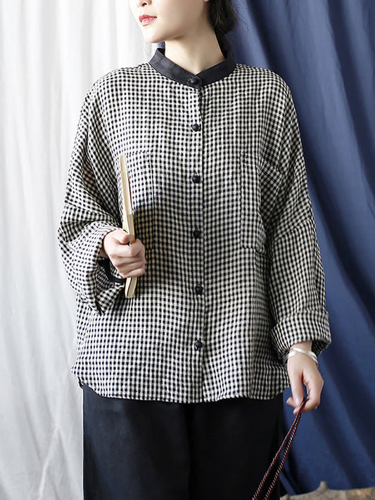 Women Summer Vintage Plaid Colorblock Linen Shirt