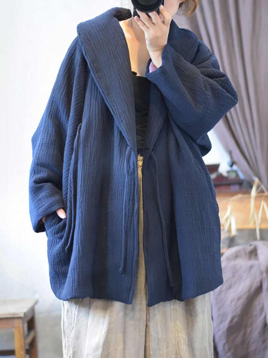 Women Winter Vintage Linen Cotton Strap Padded Coat