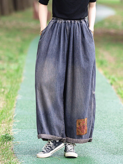 Women Summer Vintage Patch Spliced Denim Harem Pants