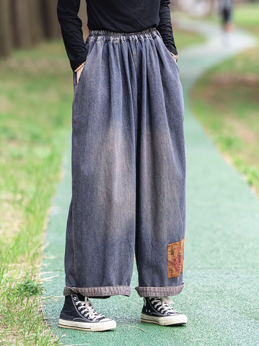 Women Summer Vintage Patch Spliced Denim Harem Pants