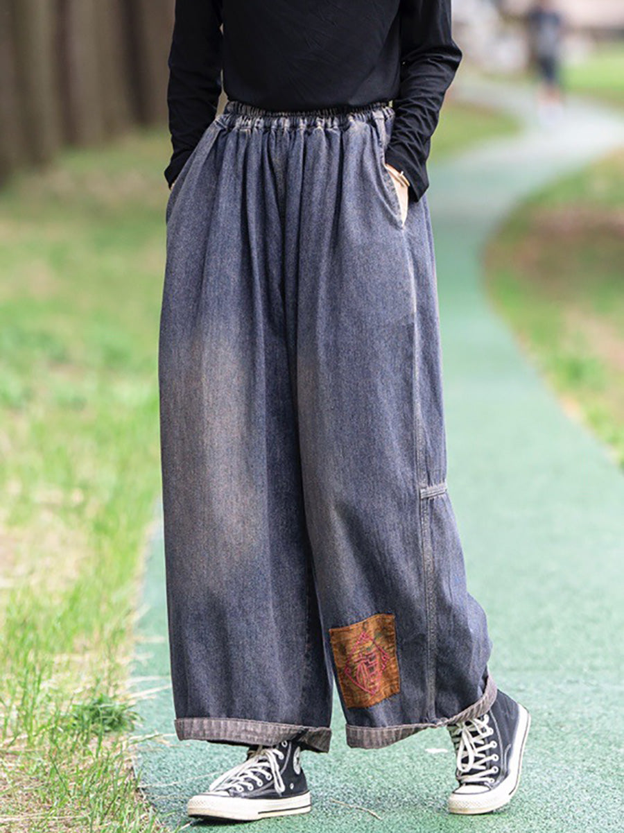 Women Summer Vintage Patch Spliced Denim Harem Pants