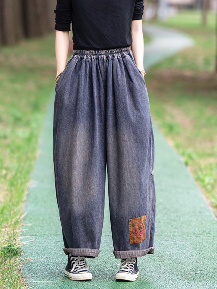 Women Summer Vintage Patch Spliced Denim Harem Pants