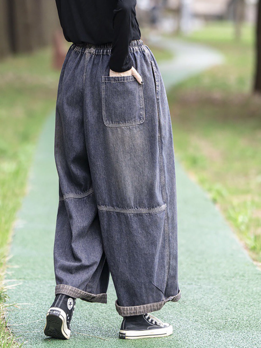 Women Summer Vintage Patch Spliced Denim Harem Pants