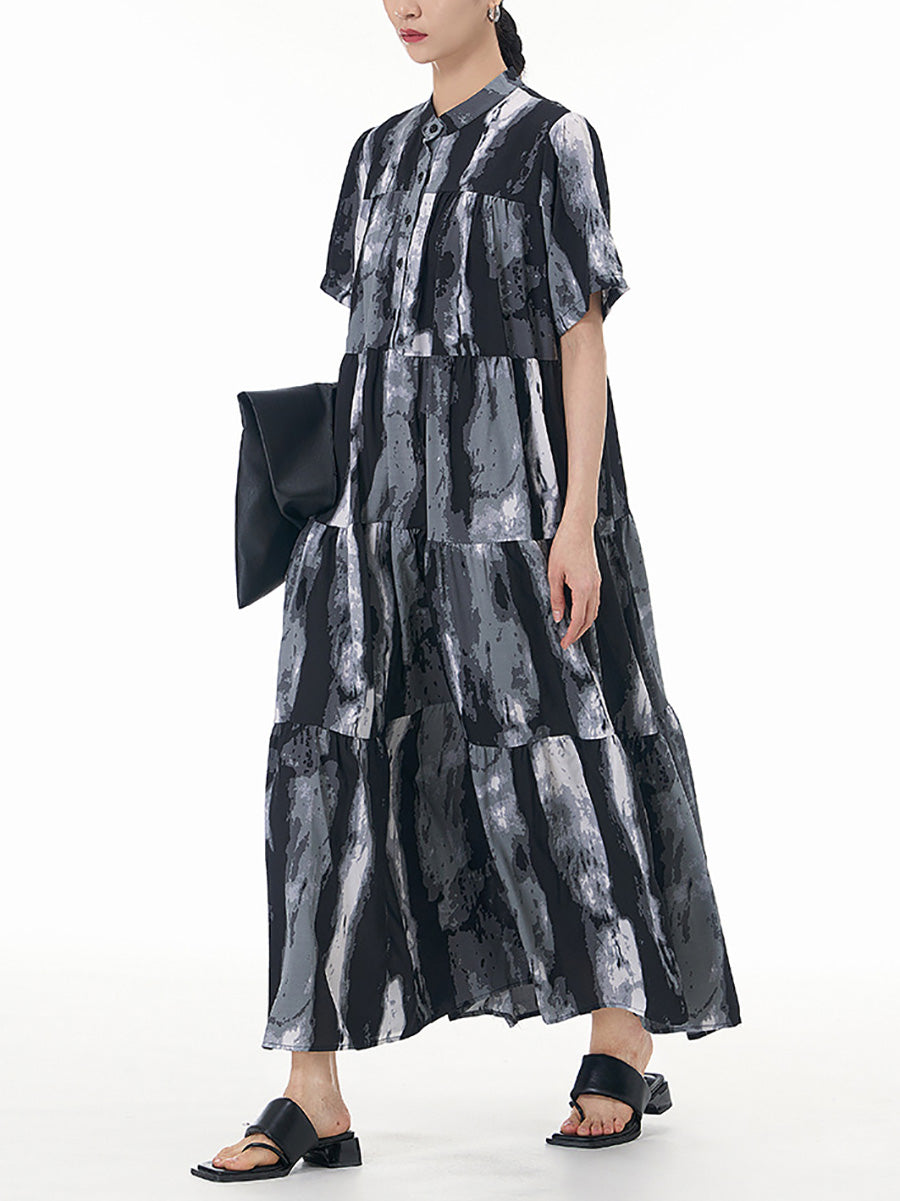 Women Summer Tie-dye Spliced Loose Tiered Dress