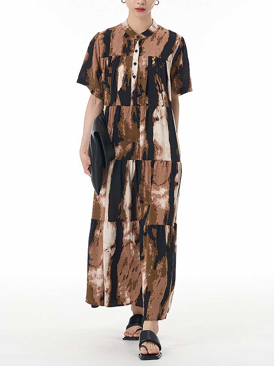 Women Summer Tie-dye Spliced Loose Tiered Dress