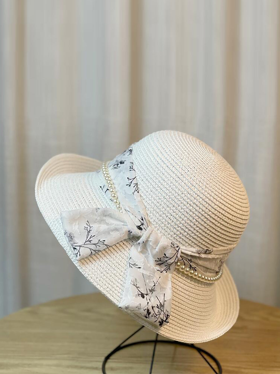 Women Summer Artsy Riband Pearl Sunproof Hat