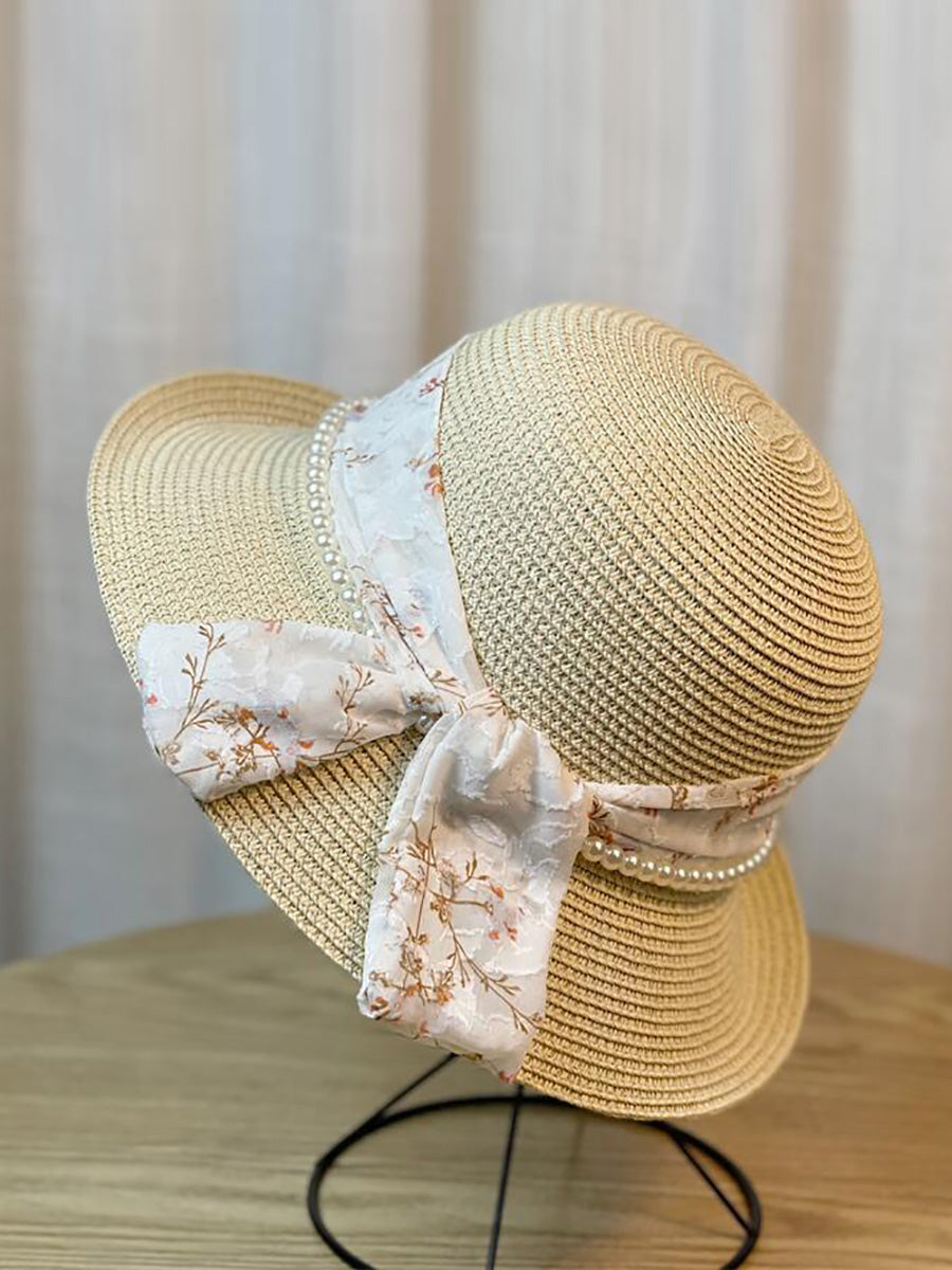 Women Summer Artsy Riband Pearl Sunproof Hat