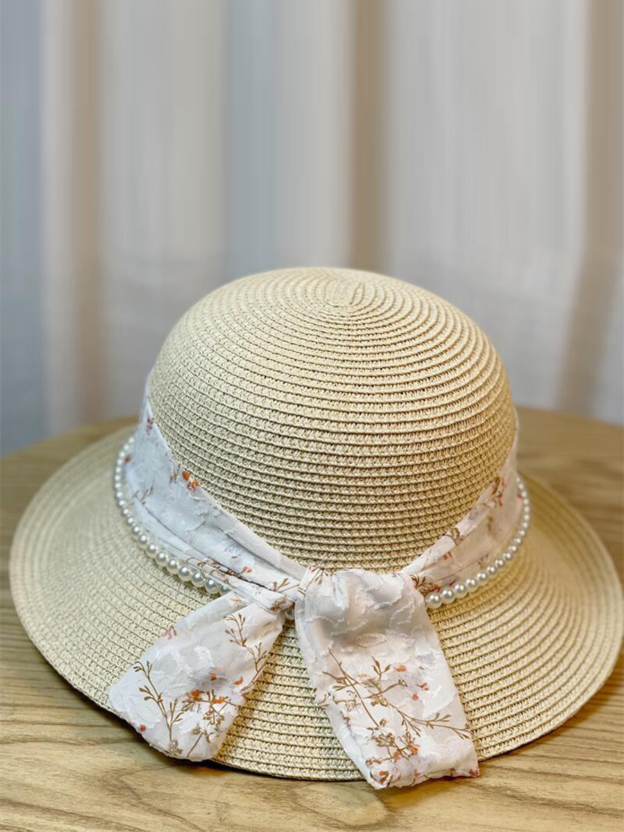 Women Summer Artsy Riband Pearl Sunproof Hat