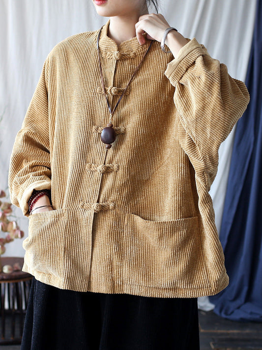 Women Autumn Vintage Solid Button-up Corduroy Shirt Coat