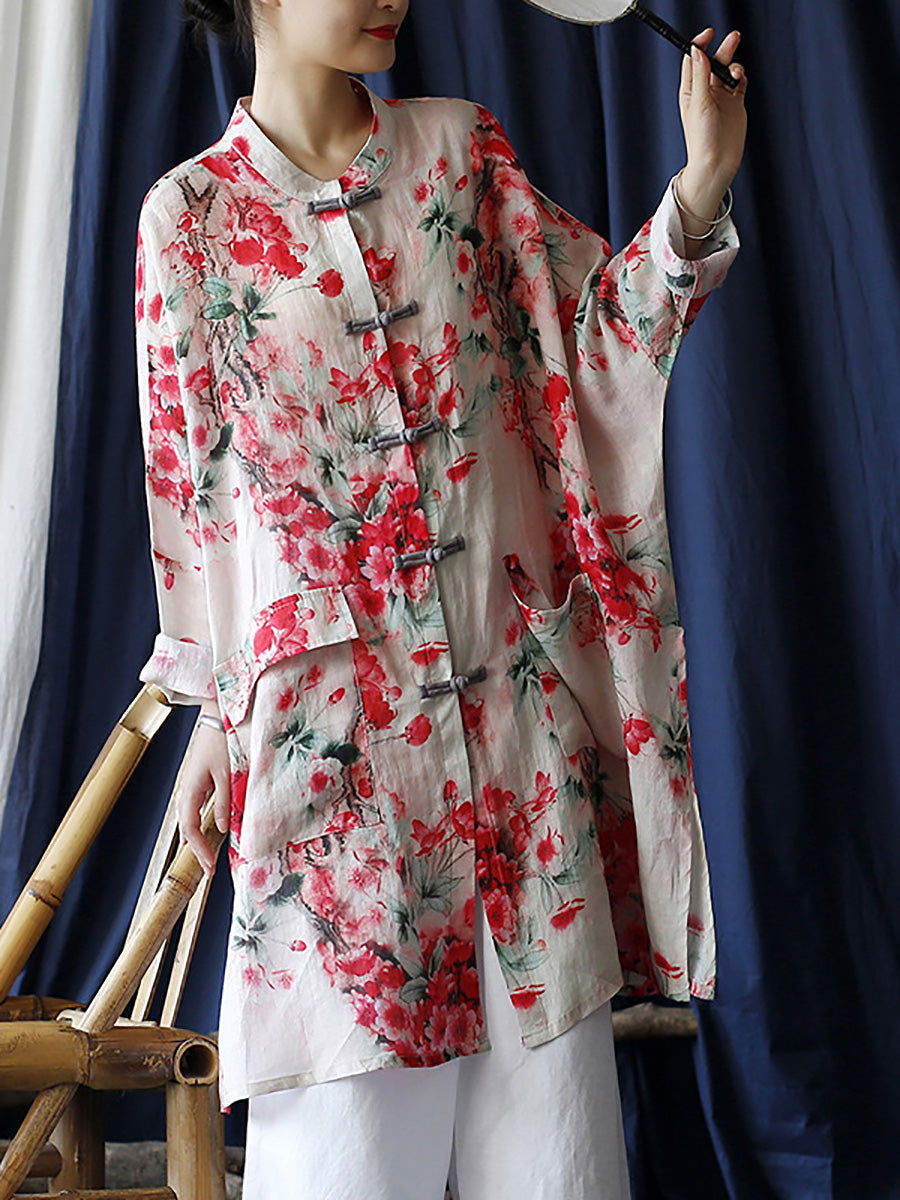 Women Summer Vintage Flower Button-up Ramie Shirt