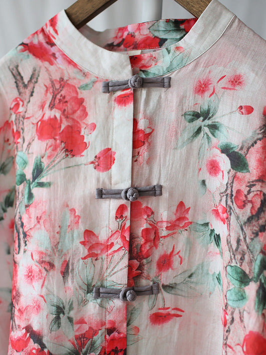 Women Summer Vintage Flower Button-up Ramie Shirt