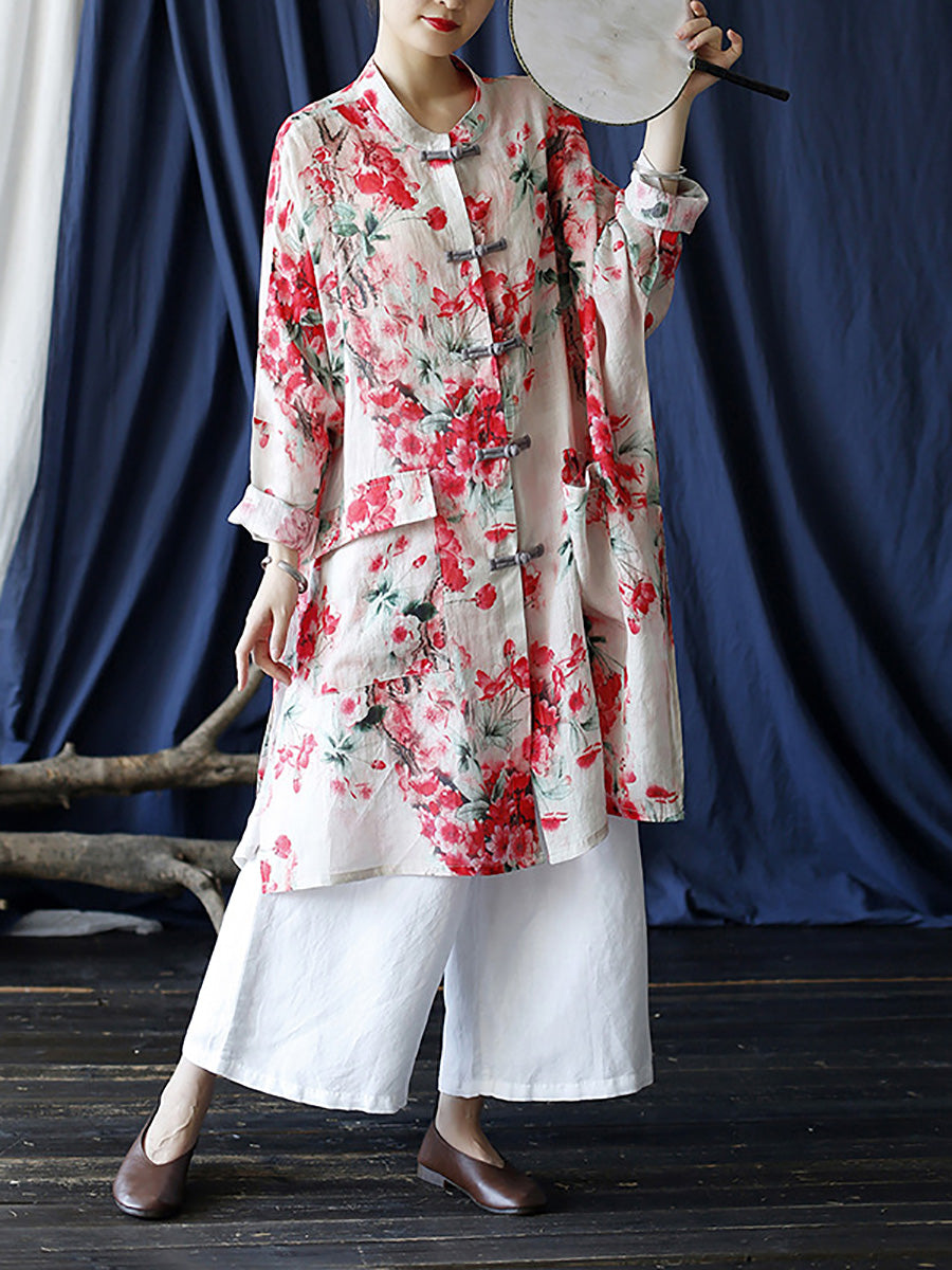 Women Summer Vintage Flower Button-up Ramie Shirt