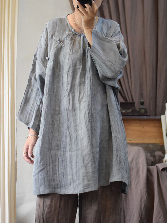 Women Summer Vintage Tie-dye O-Neck Button Linen Dress