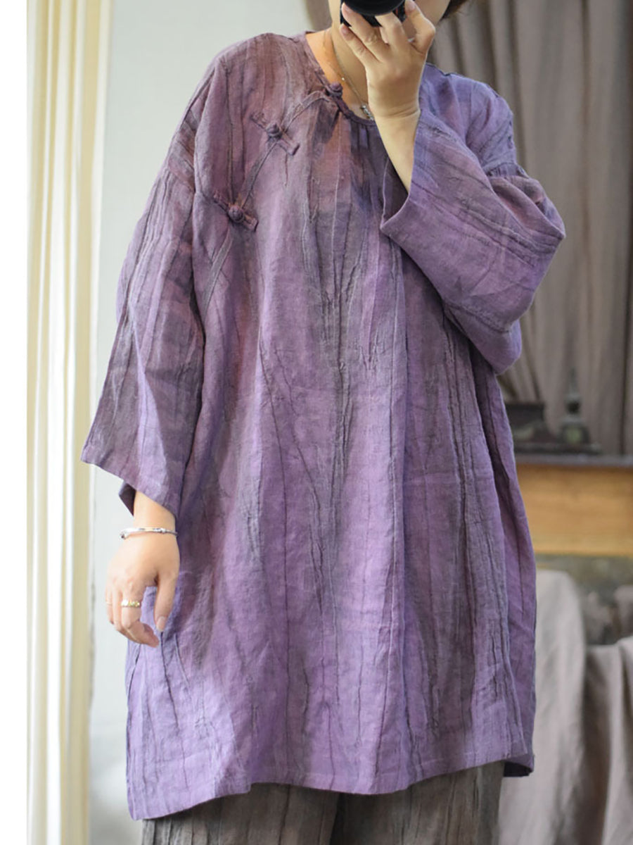 Women Summer Vintage Tie-dye O-Neck Button Linen Dress