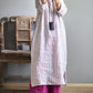 Women Vintage Stripe Autumn Linen Long Robe Dress