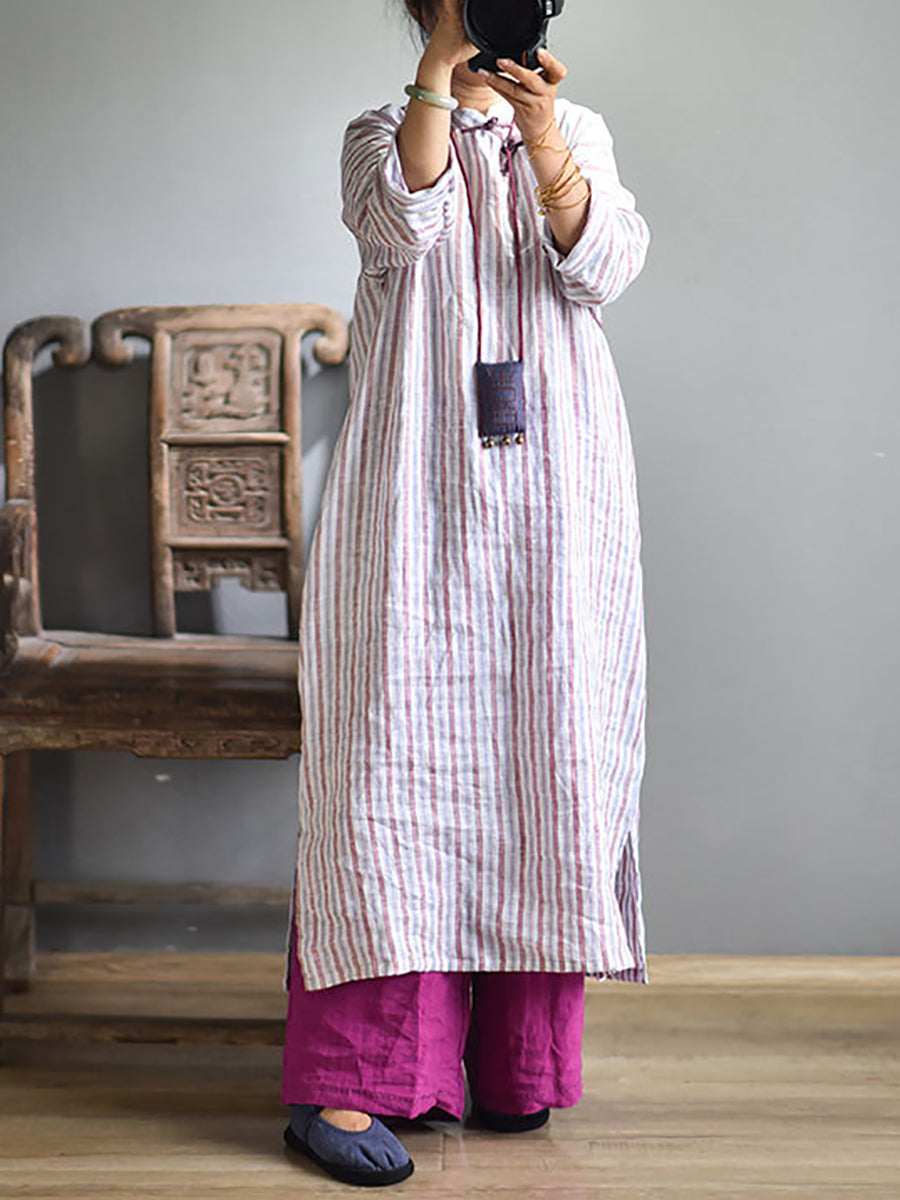 Women Vintage Stripe Autumn Linen Long Robe Dress