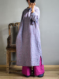 Women Vintage Stripe Autumn Linen Long Robe Dress