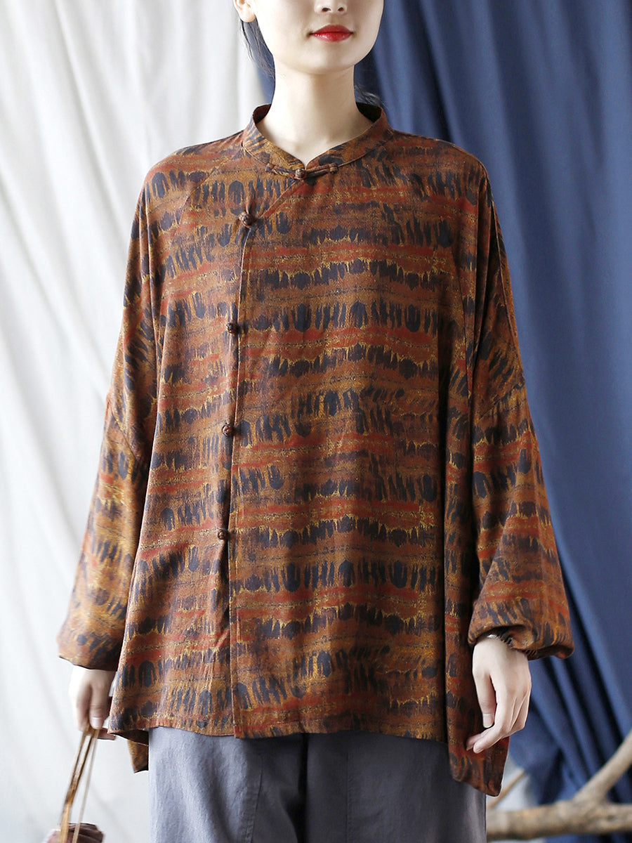 Women Autumn Vintage Print Stand Collar Ramie Shirt