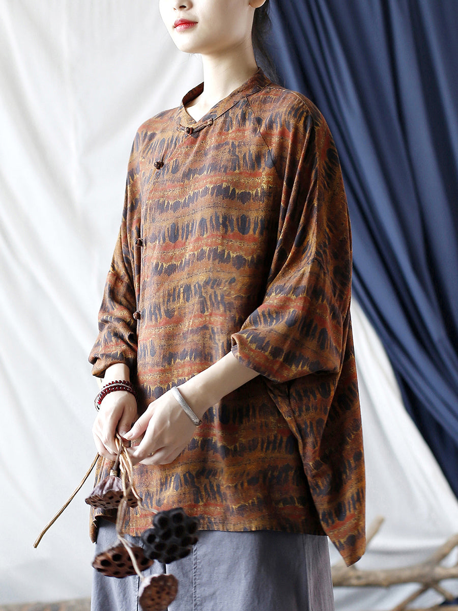 Women Autumn Vintage Print Stand Collar Ramie Shirt