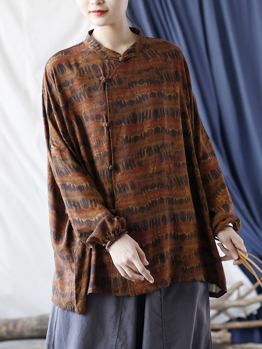 Women Autumn Vintage Print Stand Collar Ramie Shirt