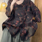 Women Summer Vintage Flower V-Neck Split Hem Ramie Shirt