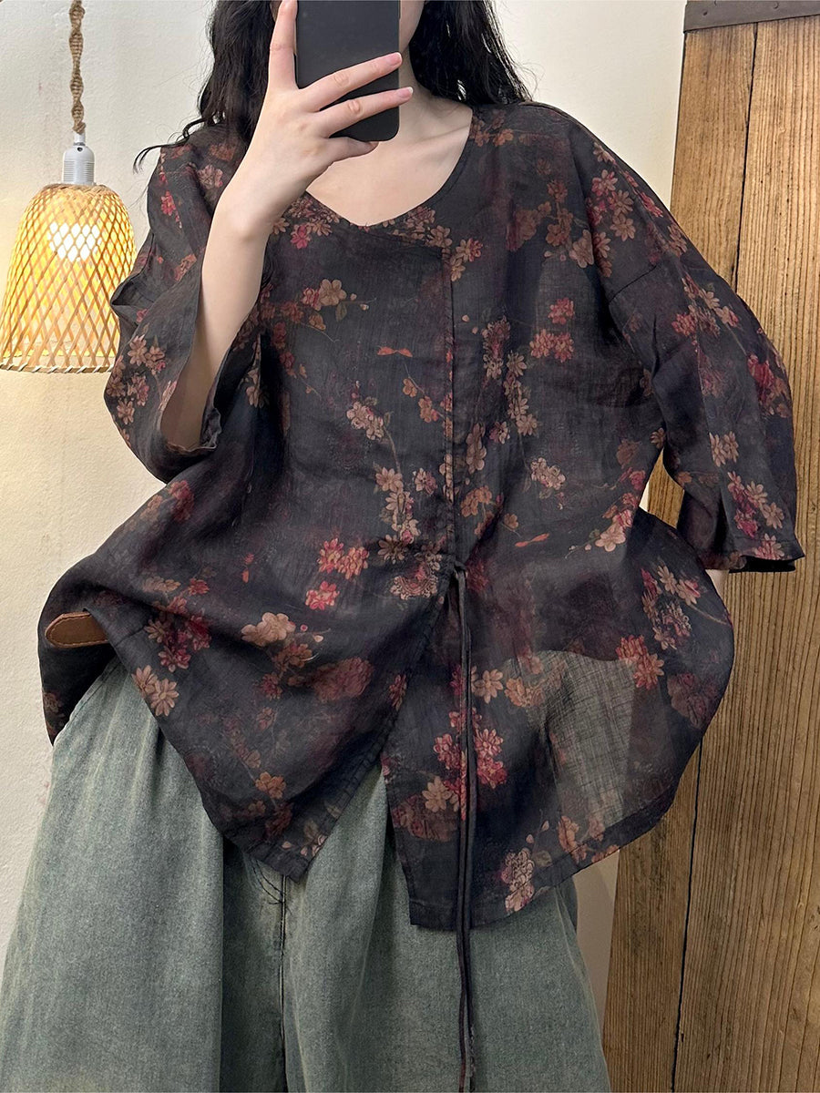 Women Summer Vintage Flower V-Neck Split Hem Ramie Shirt