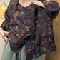 Women Summer Vintage Flower V-Neck Split Hem Ramie Shirt