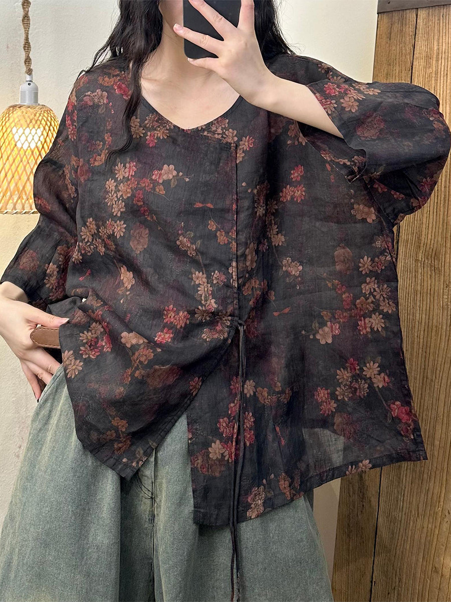 Women Summer Vintage Flower V-Neck Split Hem Ramie Shirt