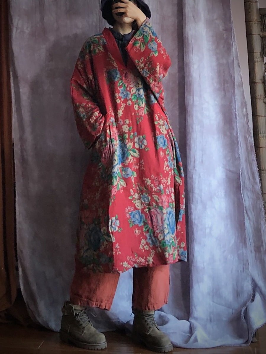 Women Autumn Vintage Flower V-Neck Cotton Padded Robe