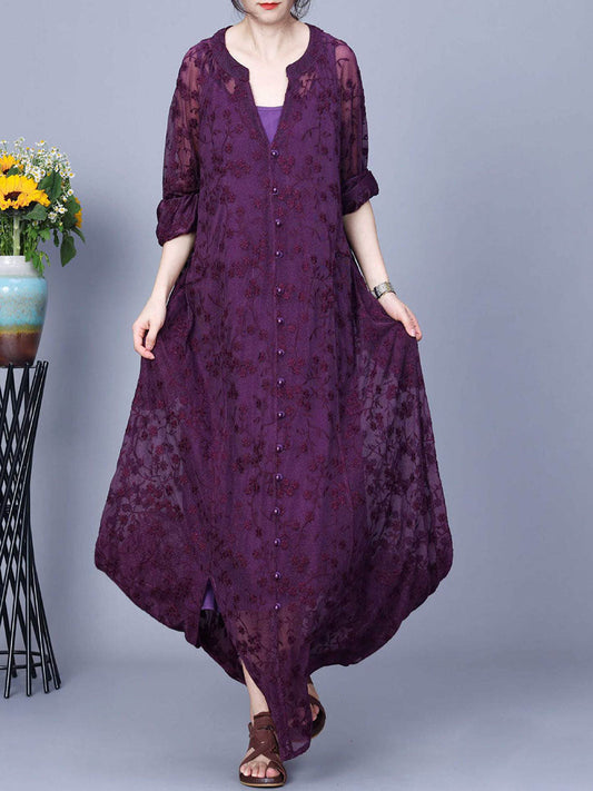 Women Autumn Flower Embroidery V-Neck Two-Pieces Dress