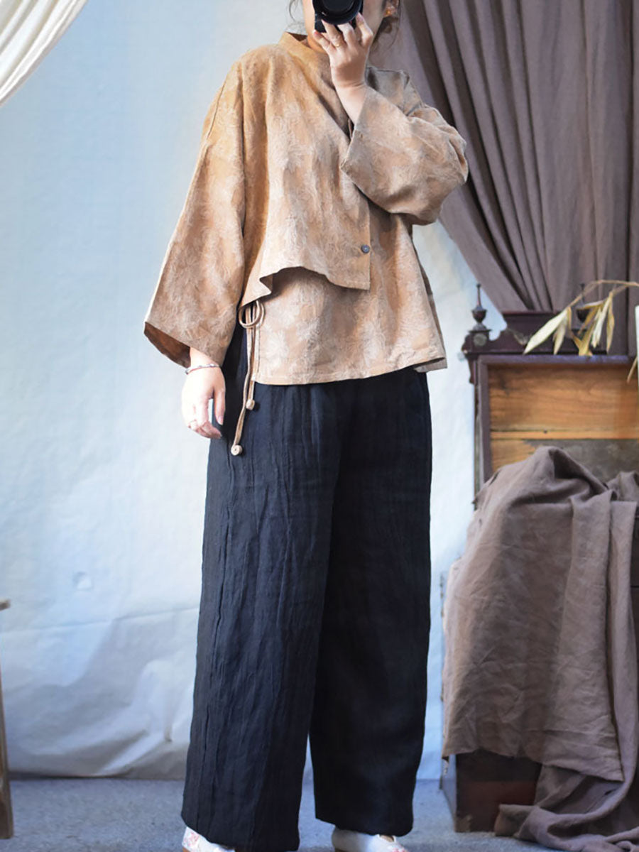 Women Winter Retro Solid Linen Wide-leg Padded Pants