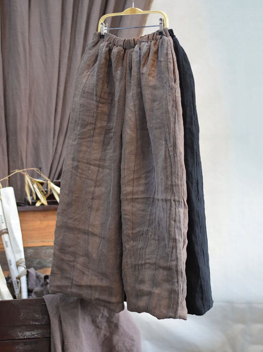 Women Winter Retro Solid Linen Wide-leg Padded Pants