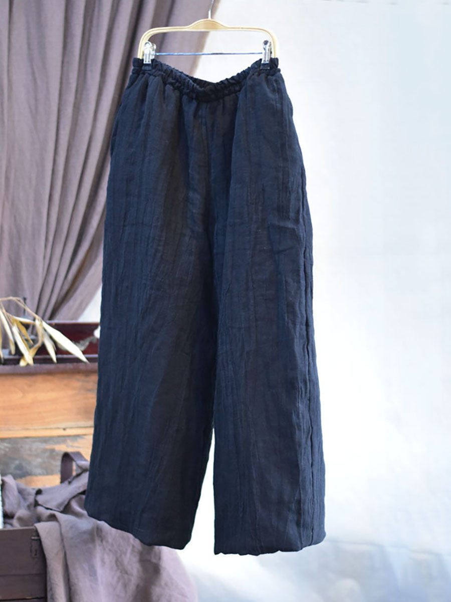 Women Winter Retro Solid Linen Wide-leg Padded Pants