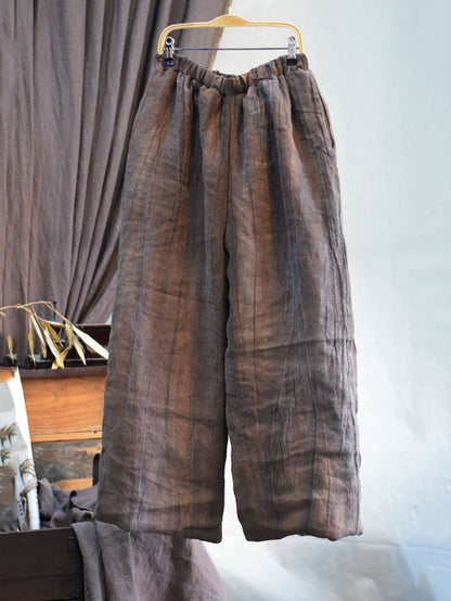 Women Winter Retro Solid Linen Wide-leg Padded Pants