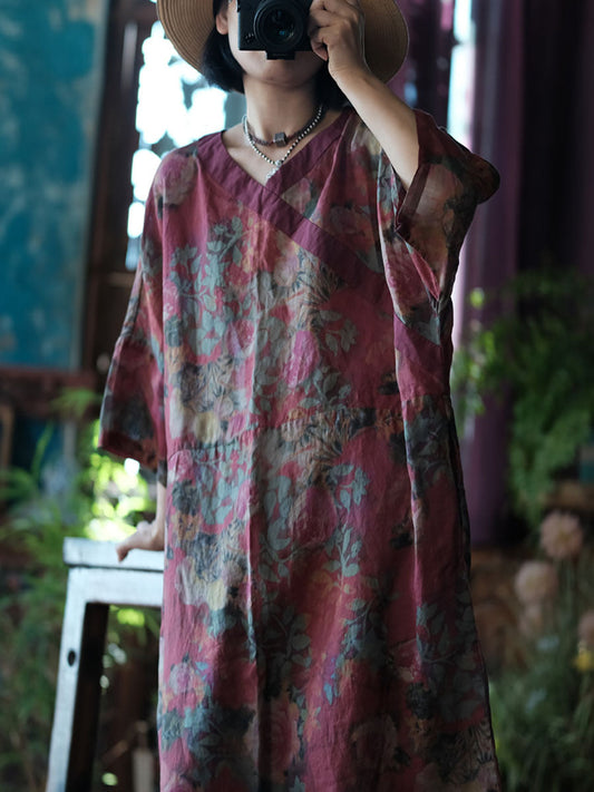 Women Vintage Summer Flower V-neck Linen Robe Dress