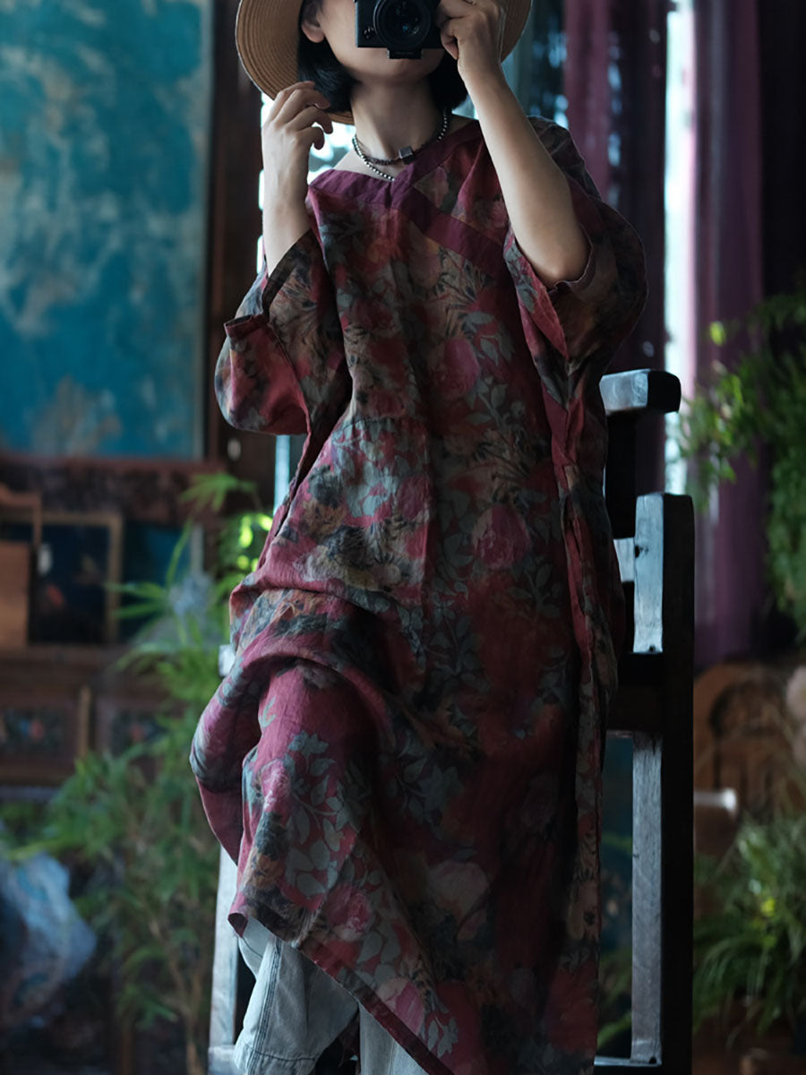 Women Vintage Summer Flower V-neck Linen Robe Dress