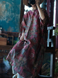 Women Vintage Summer Flower V-neck Linen Robe Dress