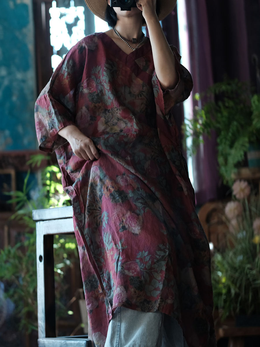 Women Vintage Summer Flower V-neck Linen Robe Dress