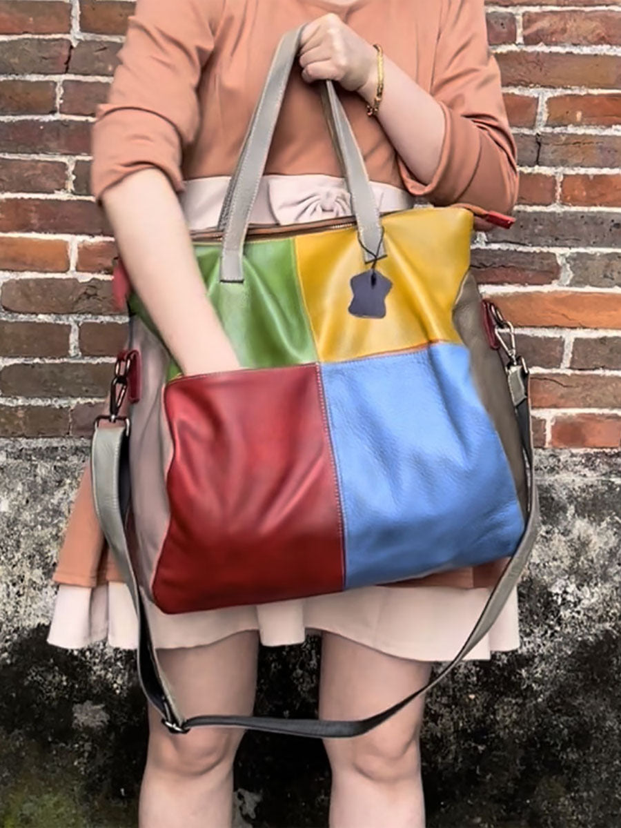 Women Leather Colorblock Spliced Crossbody Bag Shoulder Bag