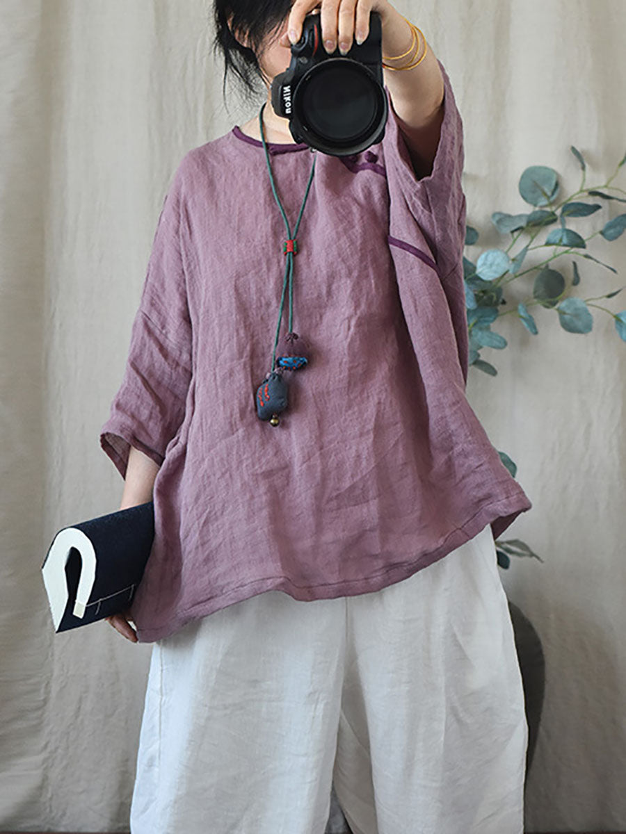 Women Summer Vintage Solid Loose O-Neck Linen Blouse