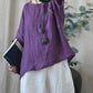 Women Summer Vintage Solid Loose O-Neck Linen Blouse